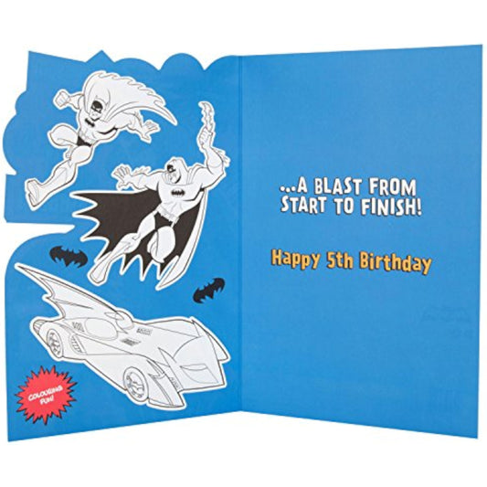 Hallmark DC Comics Batmobile 5th birthday greeting card featuring Batman's iconic Batmobile in vibrant colors.