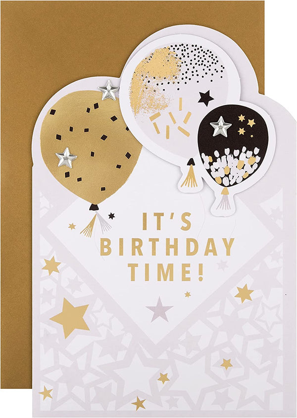 Hallmark Die-Cut Metallic Balloons birthday greeting card with colorful balloon designs and shiny metallic accents.