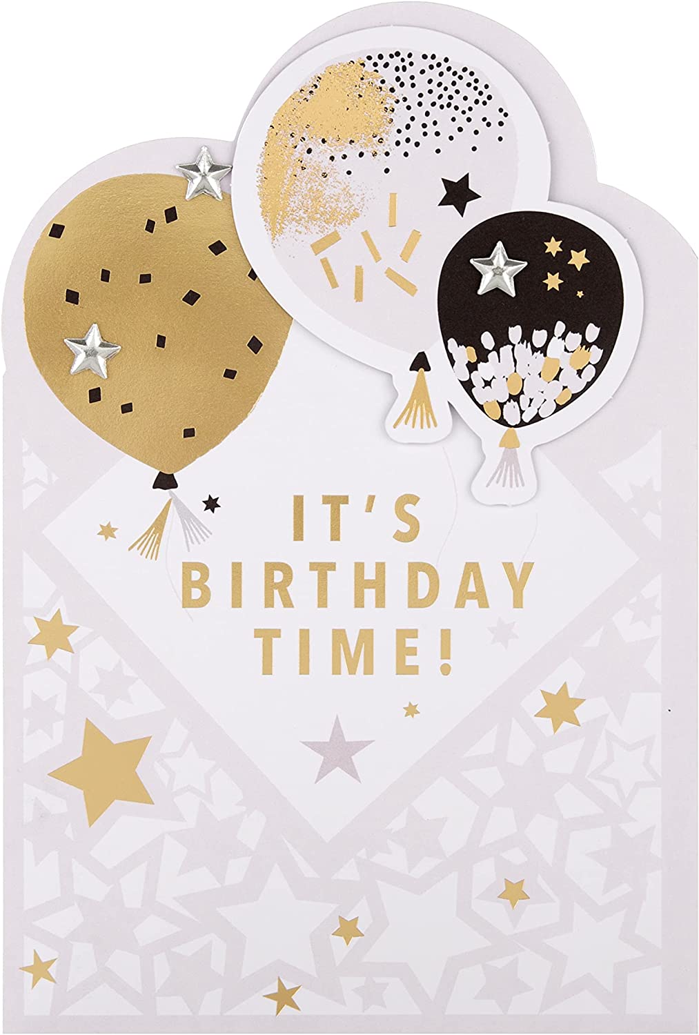 Hallmark Die-Cut Metallic Balloons birthday greeting card with colorful balloon illustrations and shiny metallic accents.