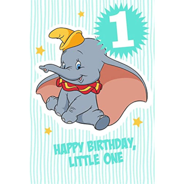 Hallmark Disney Dumbo first birthday greeting card featuring Dumbo the elephant with colorful birthday-themed design.