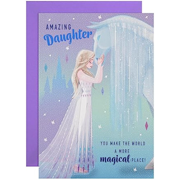 Hallmark Disney Frozen daughter birthday greeting card with colorful Frozen-themed design and cheerful illustration.