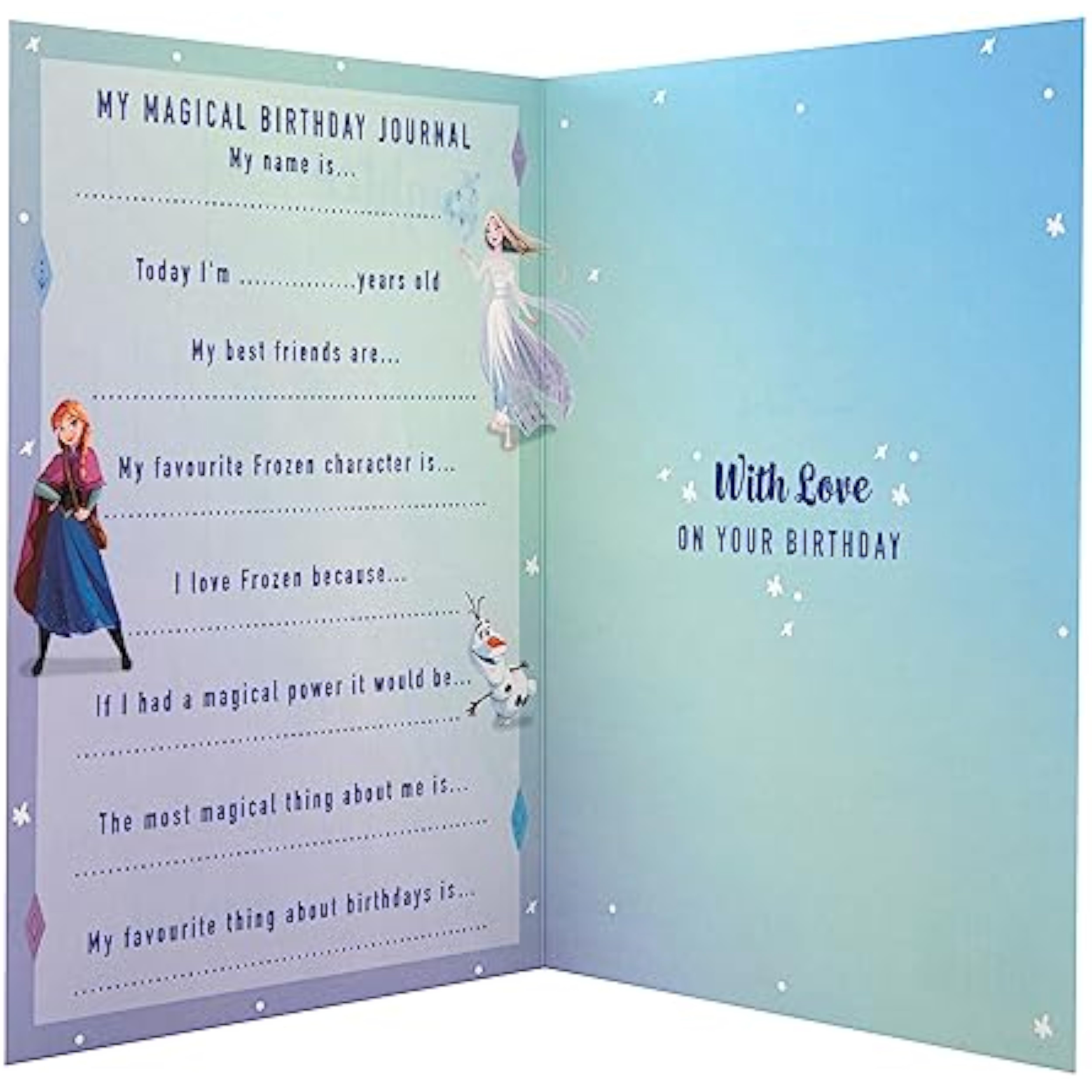 Hallmark Disney Frozen daughter birthday greeting card with colorful winter-themed illustrations and character images.