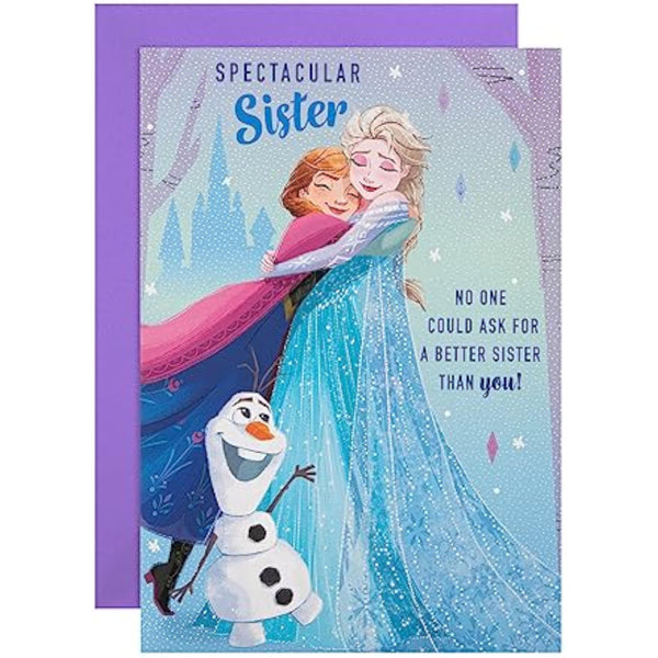 Hallmark Disney Frozen Sister birthday greeting card featuring Elsa and Anna with festive winter design and heartfelt message.