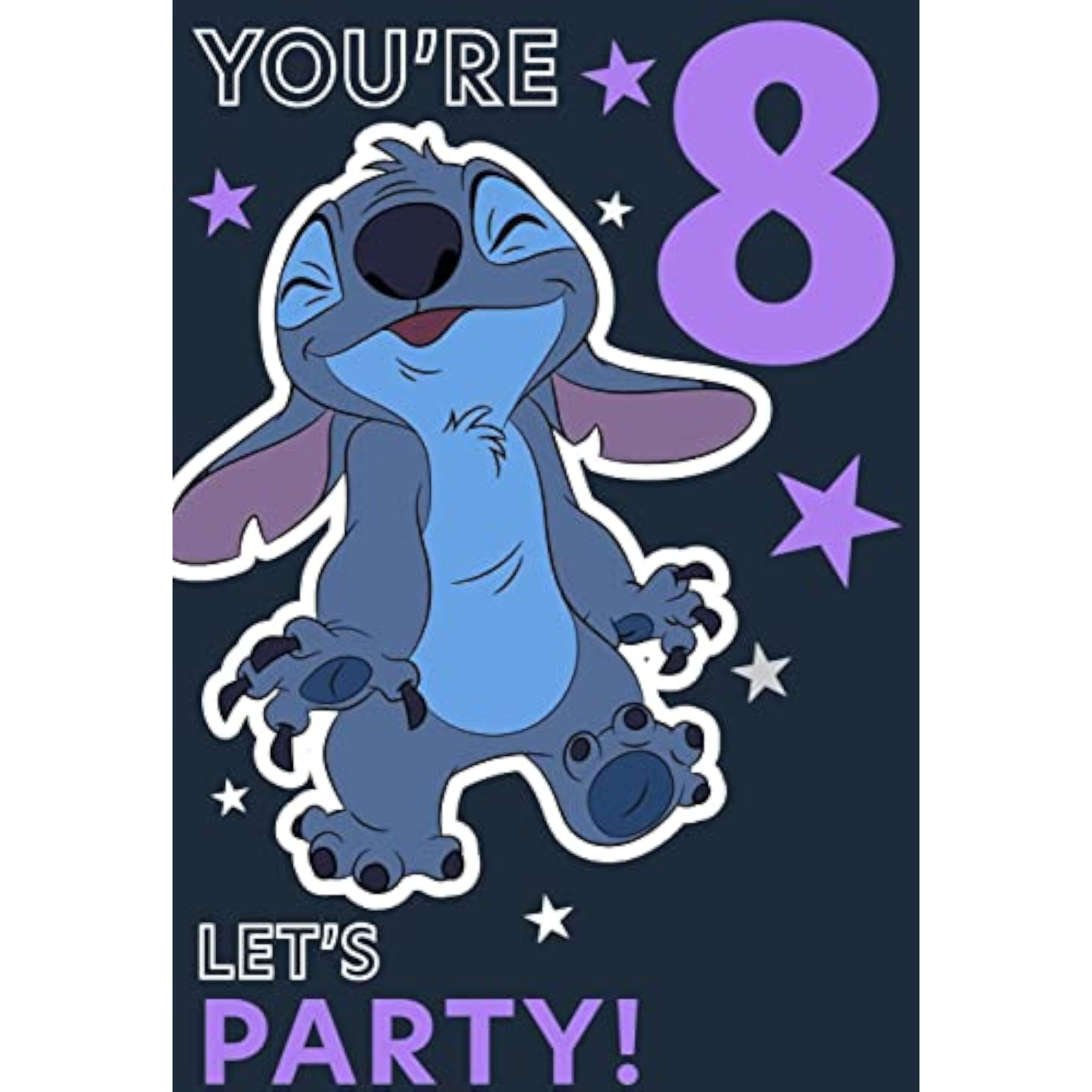 Hallmark Disney Lilo & Stitch 8th birthday greeting card with colorful character illustration and festive design.