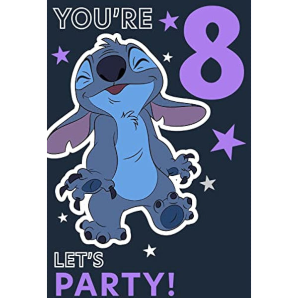 Hallmark Disney Lilo & Stitch 8th birthday greeting card with colorful character illustration and festive design.