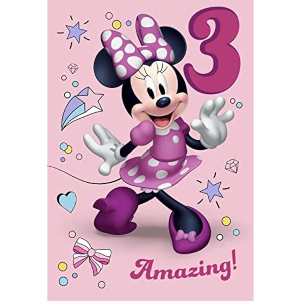 Hallmark Disney Minnie Mouse 3rd birthday greeting card featuring colorful Minnie illustration and celebratory design.
