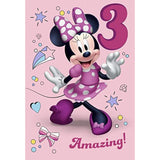 Hallmark Disney Minnie Mouse 3rd birthday greeting card featuring colorful Minnie illustration and celebratory design.