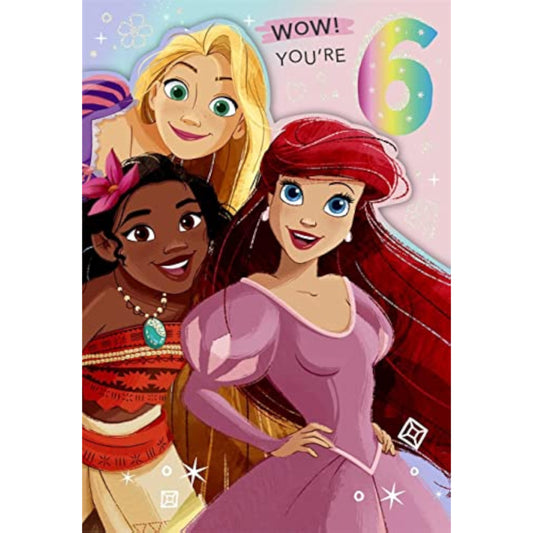 Hallmark Disney Princess 6th birthday greeting card featuring colorful princess illustrations and festive design.