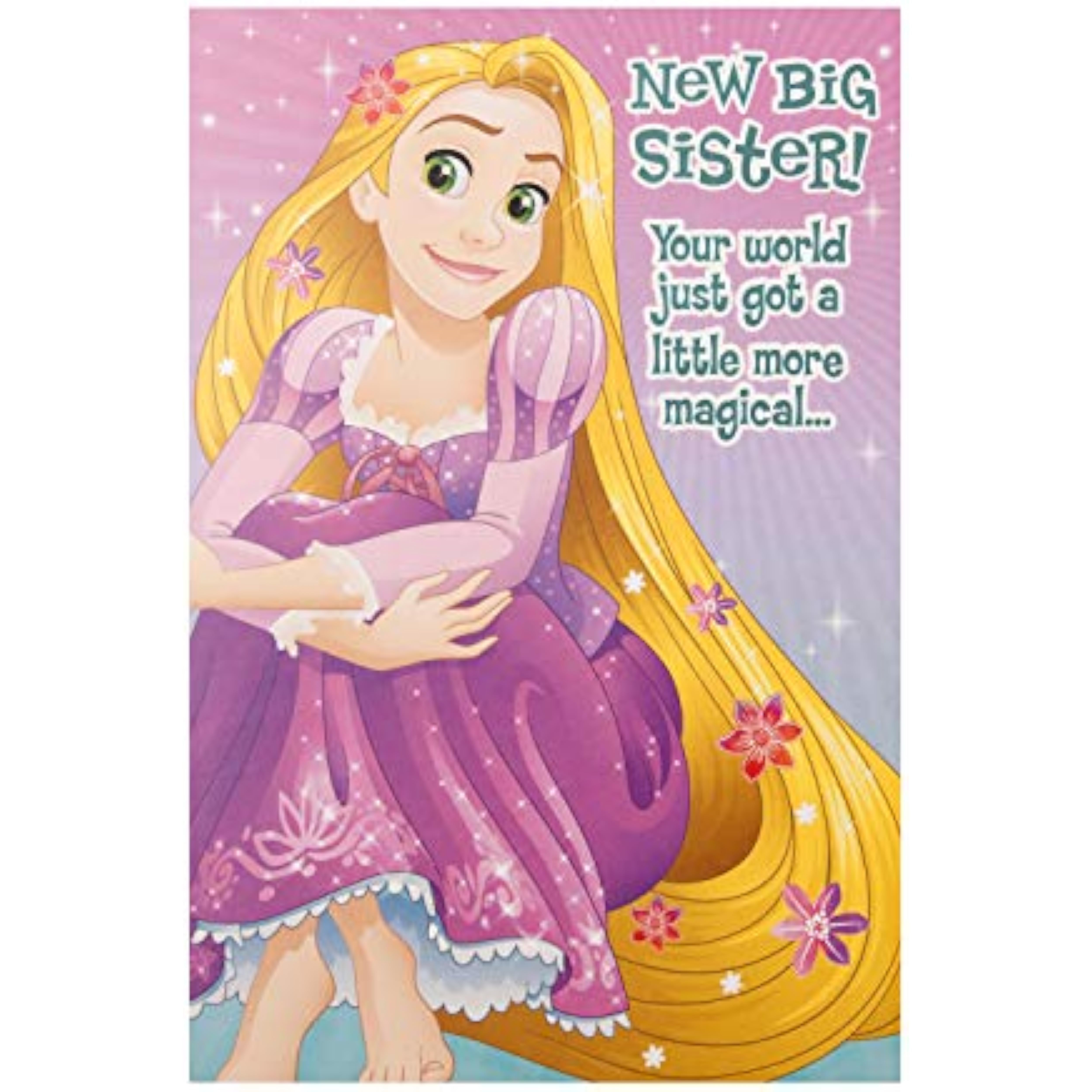 Hallmark Disney Rapunzel new big sister congratulations greeting card with colorful illustration of Rapunzel for celebrating new sibling.