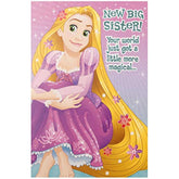Hallmark Disney Rapunzel new big sister congratulations greeting card with colorful illustration of Rapunzel for celebrating new sibling.
