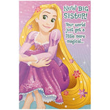 Hallmark Disney Rapunzel new big sister congratulations greeting card with colorful illustration of Rapunzel for celebrating new sibling.