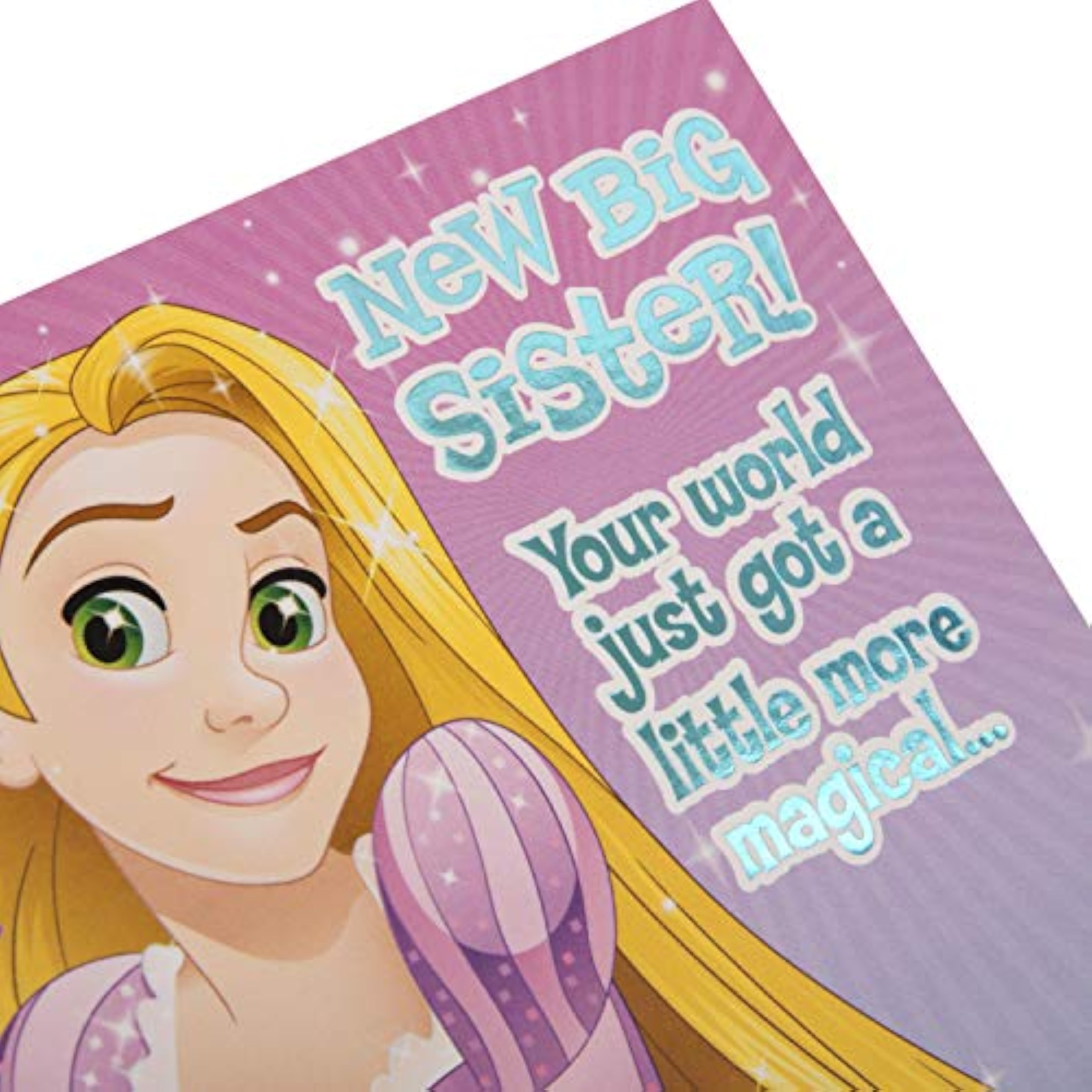 Hallmark Disney Rapunzel new big sister congratulations greeting card with colorful illustration of Rapunzel and floral design.
