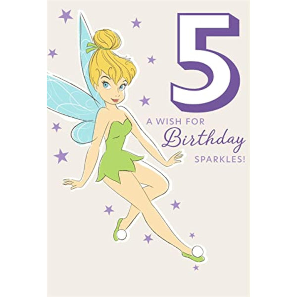 Hallmark Disney Tinkerbell 5th birthday greeting card with colorful fairy illustration and festive design.