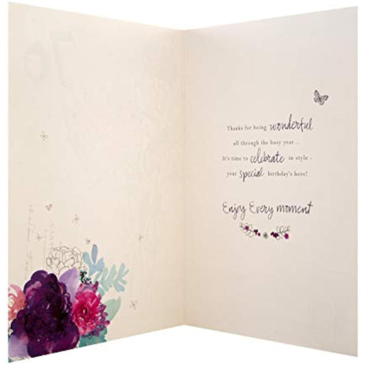 Hallmark elegant 70th birthday greeting card with embossed floral design, classic style, suitable for celebrating milestone birthdays.