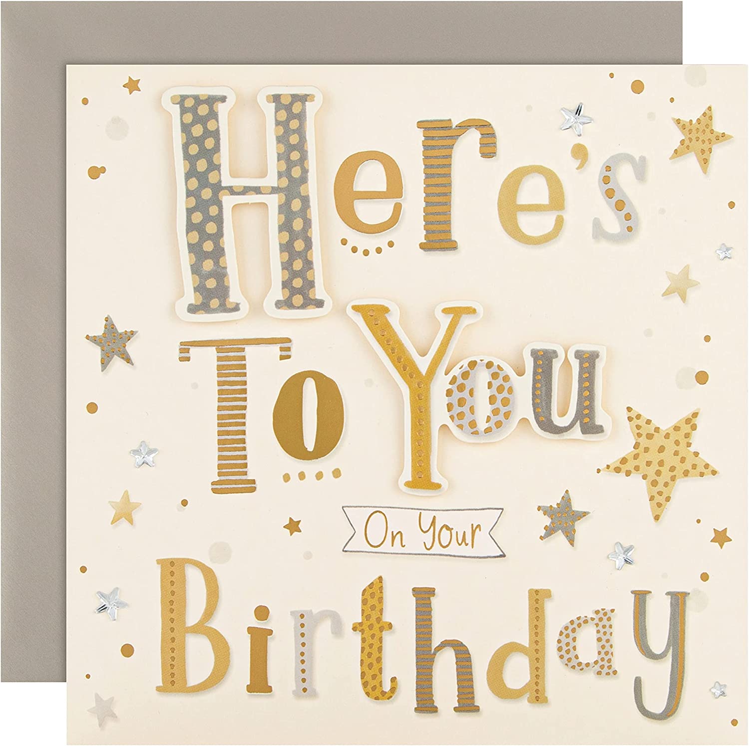 Hallmark Elegant Wishes classic gold and silver birthday greeting card with elegant lettering and festive design.