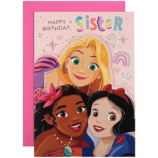 Hallmark Disney Princesses birthday greeting card featuring colorful princess illustrations for sister's celebration.