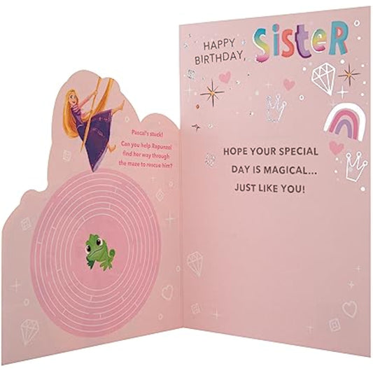 Hallmark Disney Princesses birthday greeting card featuring colorful princess illustrations, perfect for celebrating a sister.