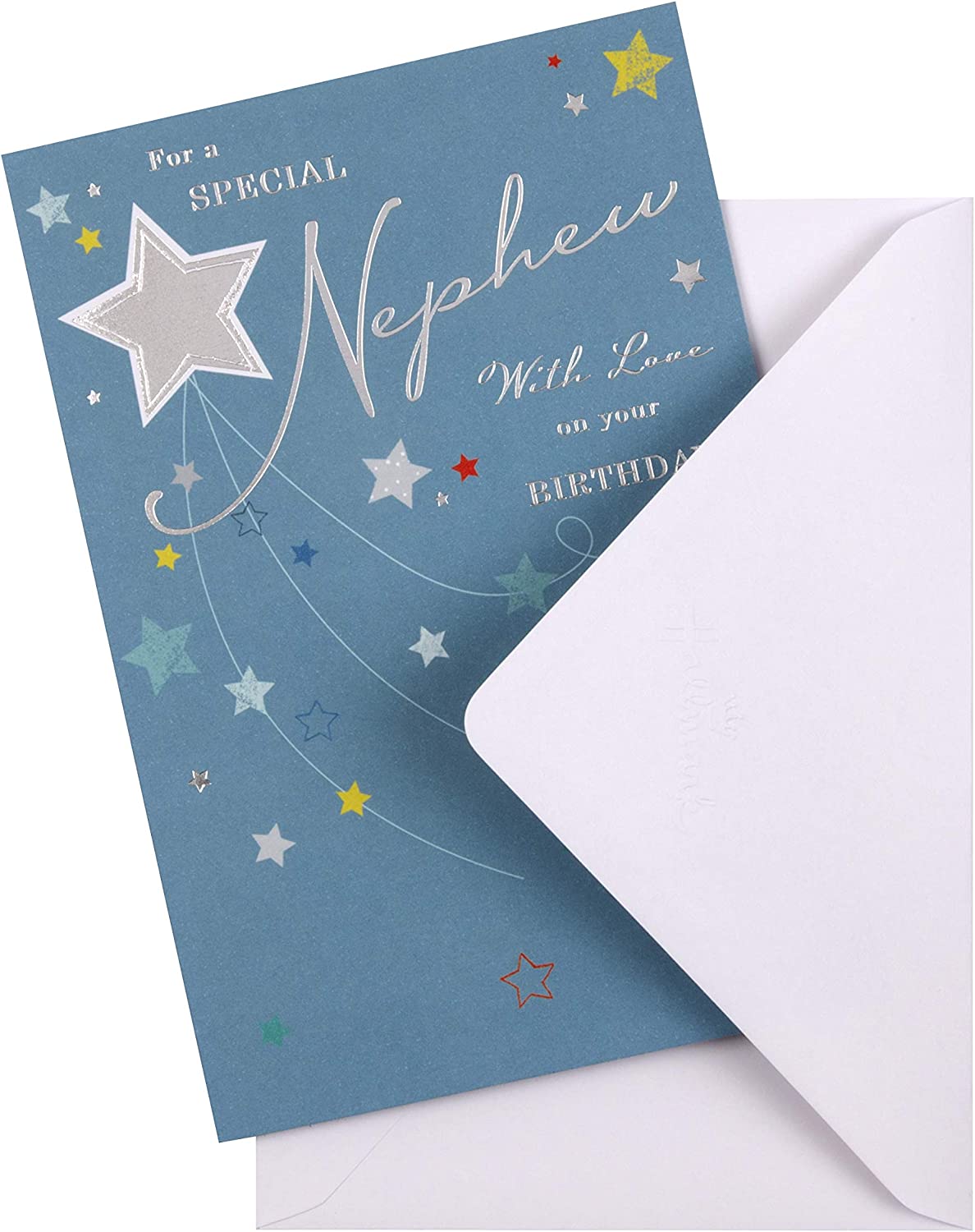 Hallmark greeting card for a special nephew with love on his birthday, featuring colorful heartfelt message and festive design.