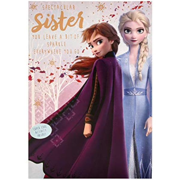 Hallmark Frozen Sister Birthday Card activity with colorful winter-themed illustration and interactive elements for kids.
