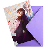 Hallmark Frozen Sister birthday greeting card featuring a colorful 3D design and playful winter-themed artwork.