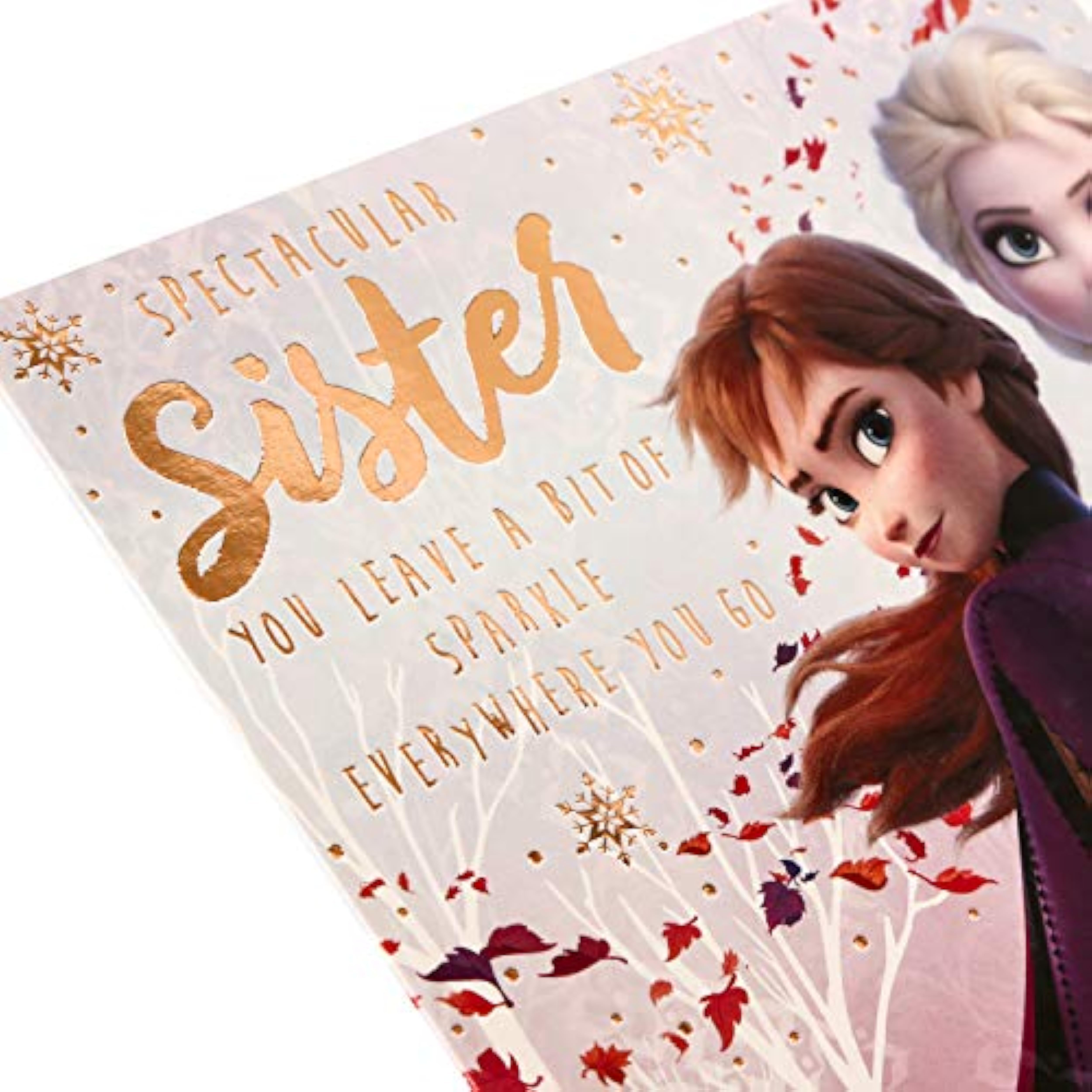 Hallmark Frozen Sister birthday greeting card featuring Elsa and Anna with colorful icy design and playful message.