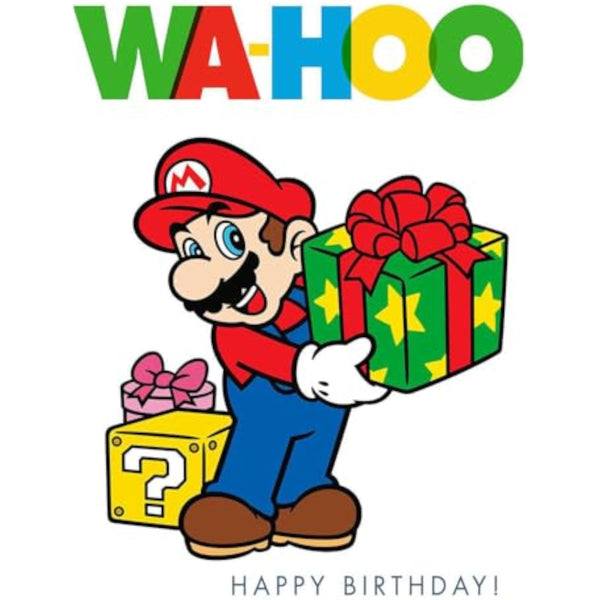 Hallmark Fun Mario birthday greeting card featuring Mario with a Wa-hoo cheer and colorful birthday design.