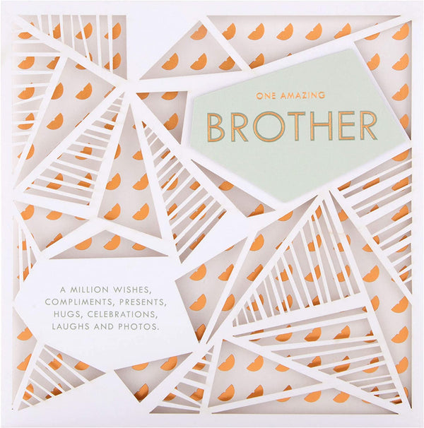 Geometric laser-cut Brother birthday greeting card with 3D copper accents, Hallmark brand, showcasing intricate design and craftsmanship.