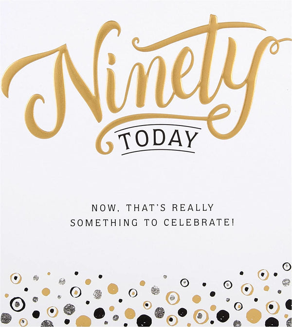 Hallmark Golden Wishes 90th birthday greeting card with gold accents and festive design, perfect for celebrating a special milestone.