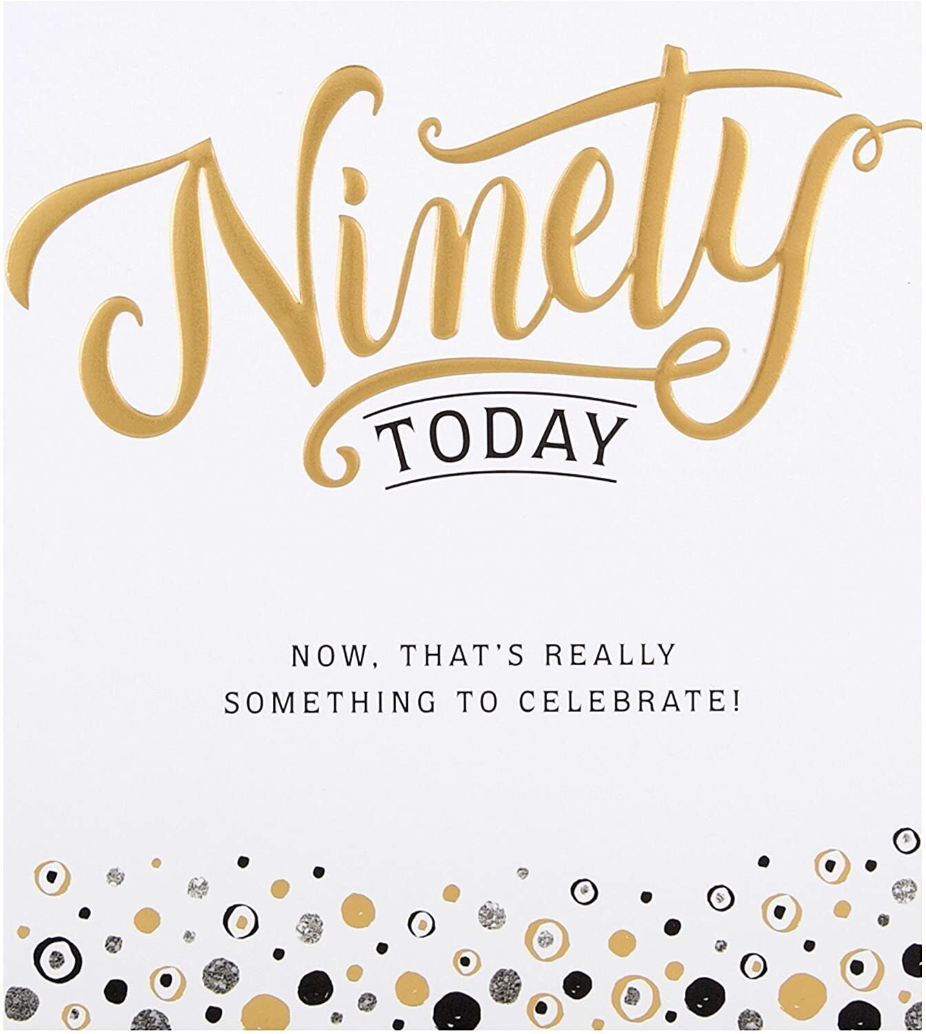 Golden Wishes 90th birthday greeting card by Hallmark featuring elegant gold accents and celebratory design.