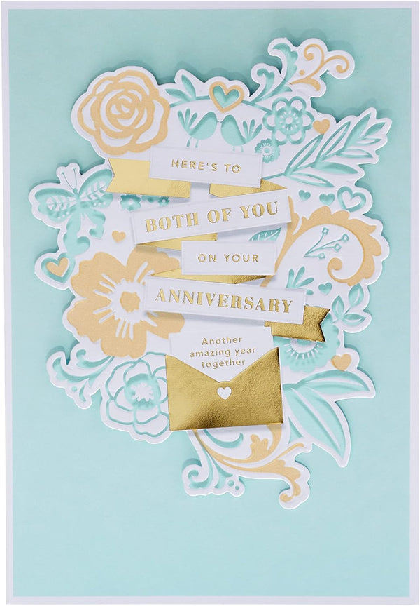 Hallmark anniversary greeting card featuring traditional floral text design and heartfelt message for special occasions.