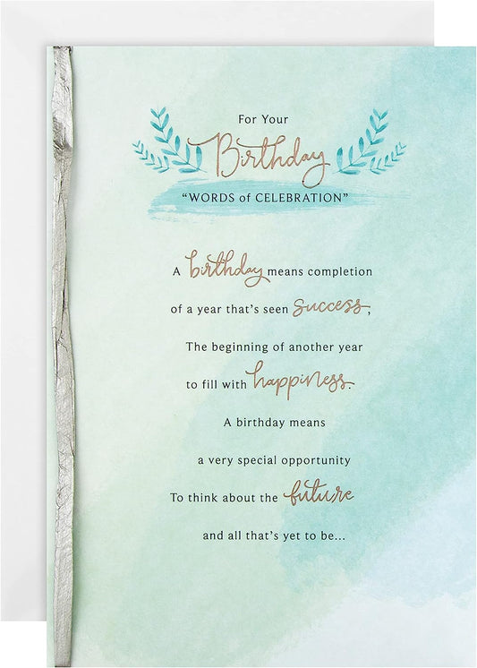 Hallmark birthday greeting card with classic text design and heartfelt verse, featuring elegant and cheerful stationery art.