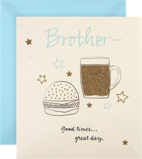 Hallmark birthday greeting card for brother with glitter embellishments featuring a beer and burger design.