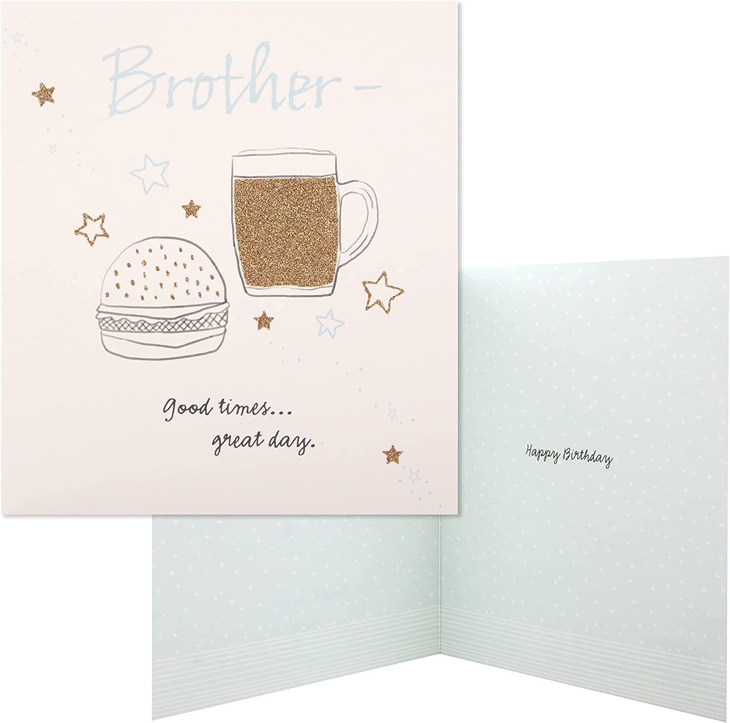 Hallmark birthday greeting card for brother featuring glitter accents, beer and burger illustrations, in a classic design.