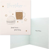 Hallmark birthday greeting card for brother featuring glitter accents, beer and burger illustrations, in a classic design.