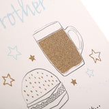Hallmark birthday greeting card for brother featuring glitter embellishments, beer and burger design, with festive and playful artwork.