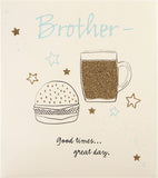 Hallmark birthday greeting card for brother featuring glitter embellishments and a beer and burger design.