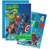 Hallmark Marvel superheroes birthday greeting card featuring colorful superhero characters and fun activity design.