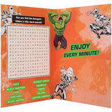 Hallmark Marvel superheroes birthday greeting card featuring colorful comic-style characters and an activity section inside.