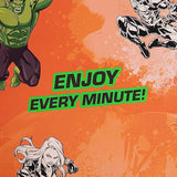 Hallmark Marvel Superheroes birthday greeting card featuring colorful superhero characters and activity design inside.