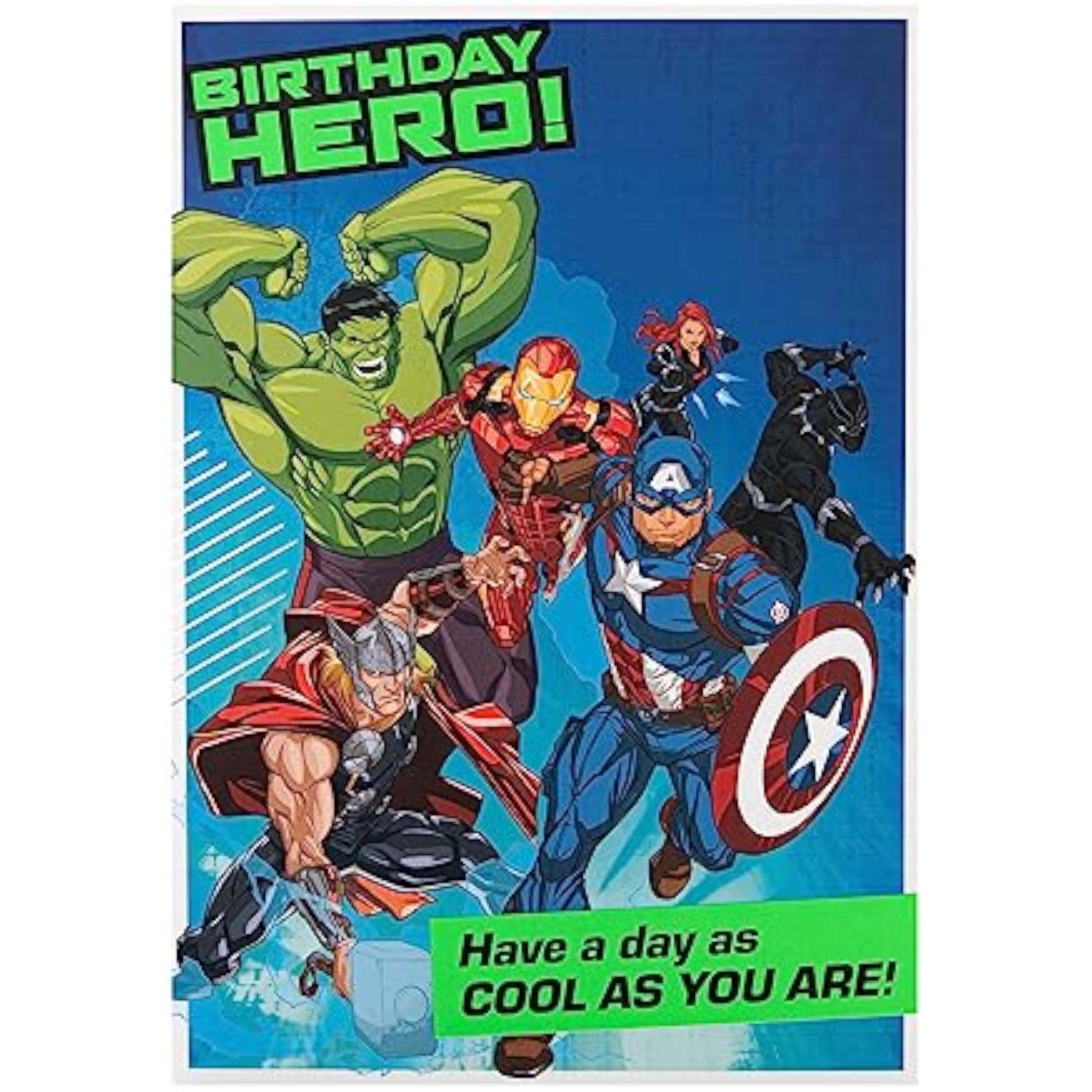 Hallmark Marvel Superheroes birthday greeting card with colorful superhero characters and fun activity design on front.