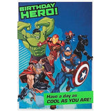 Hallmark Marvel Superheroes birthday greeting card with colorful superhero characters and fun activity design on front.