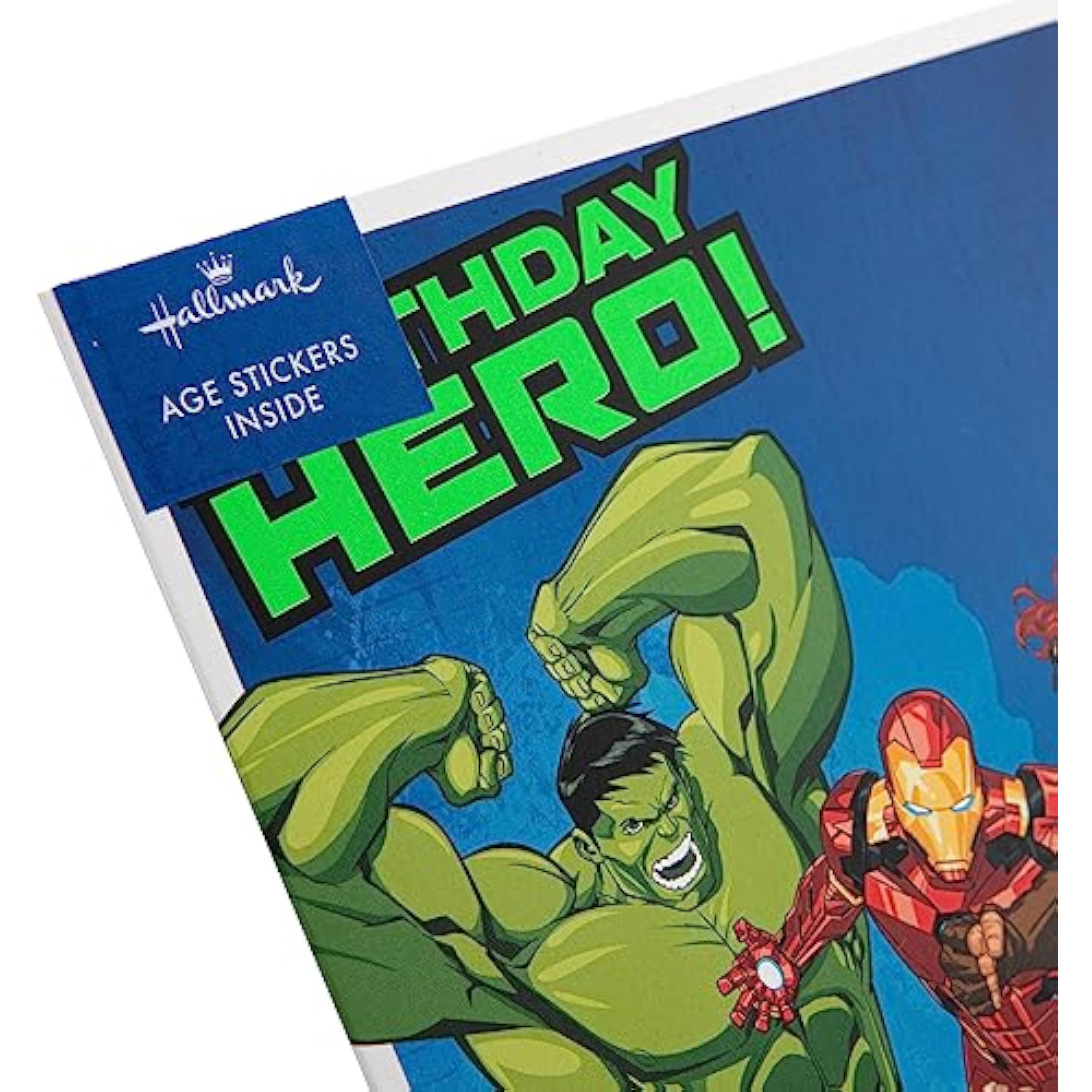 Hallmark Marvel Superheroes birthday greeting card with colorful comic book design and activity features for kids.