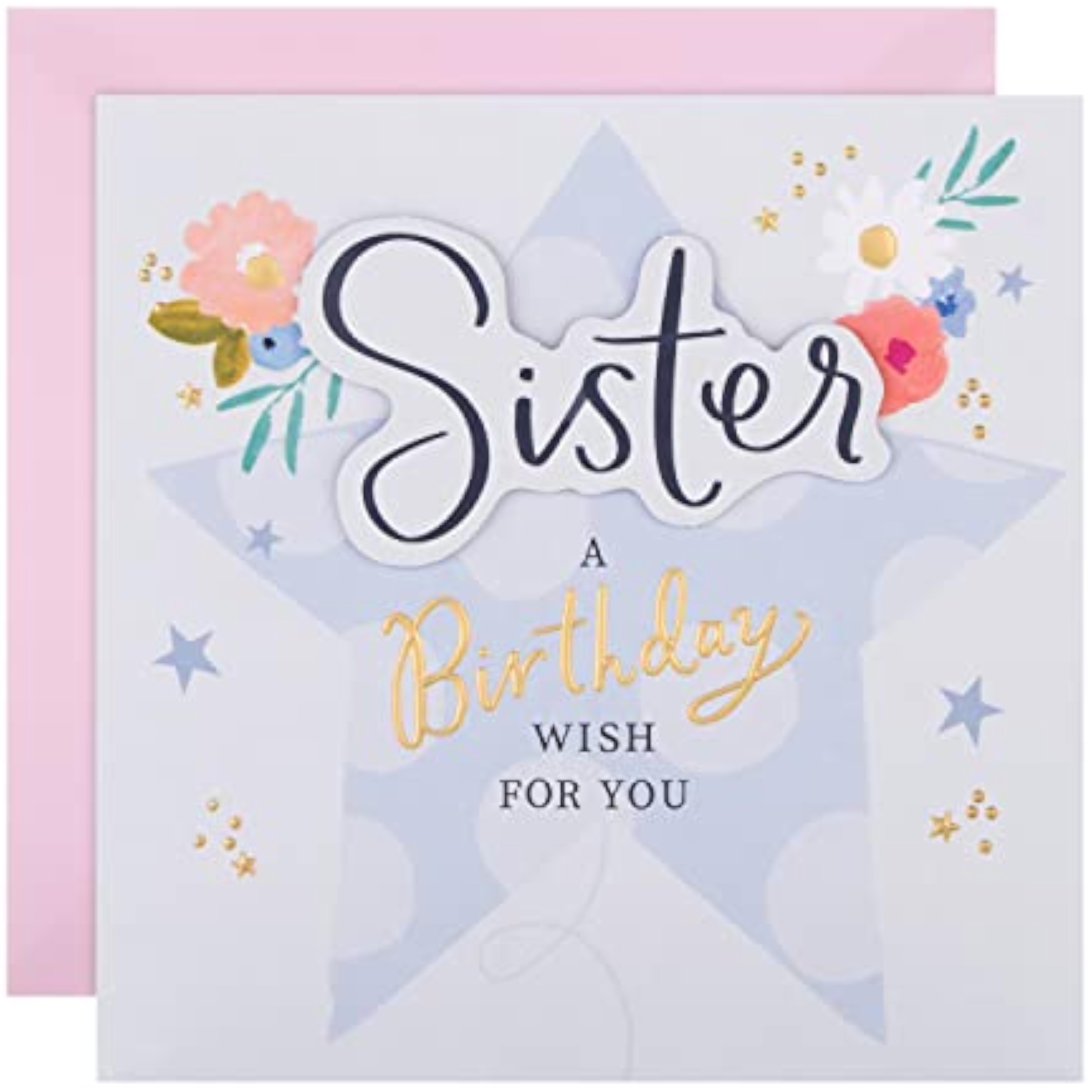 Hallmark birthday greeting card for sister featuring a floral and star design with colorful illustrations.