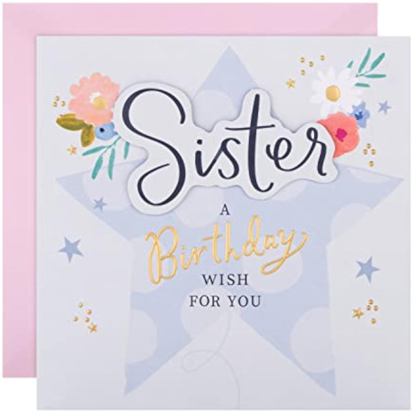 Hallmark birthday greeting card for sister featuring a floral and star design with colorful illustrations.