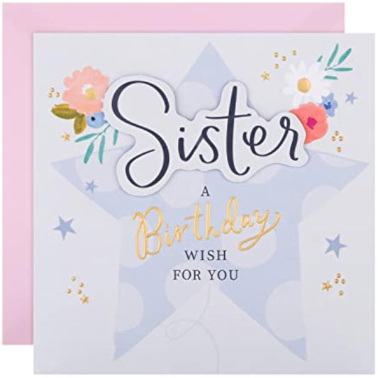 Hallmark birthday greeting card for sister featuring a floral and star design with colorful illustrations.