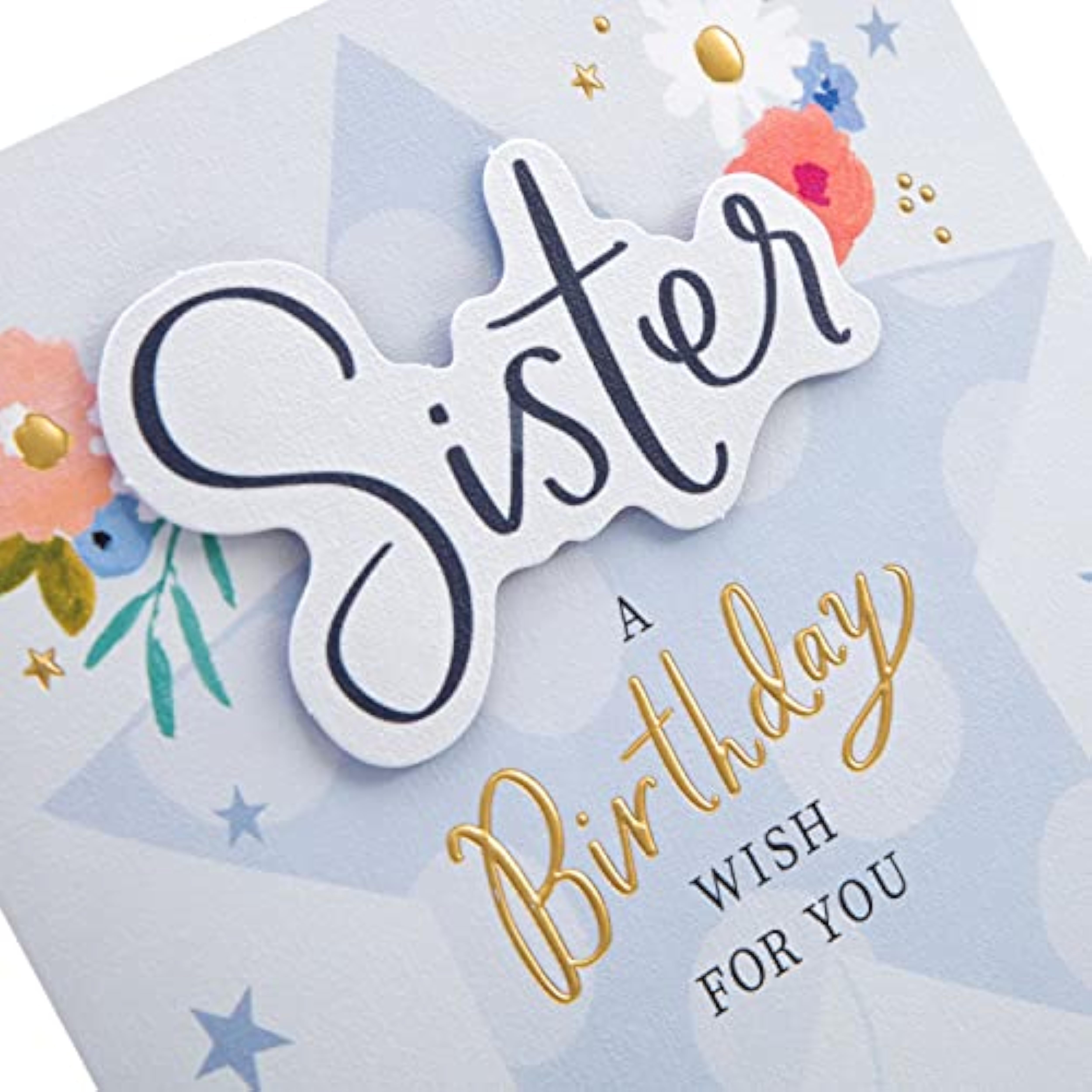 Hallmark birthday greeting card for sister featuring colorful flowers and star design, perfect for celebrating her special day.