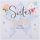 Hallmark birthday greeting card for sister with floral and star design, featuring colorful flowers and a festive star pattern.