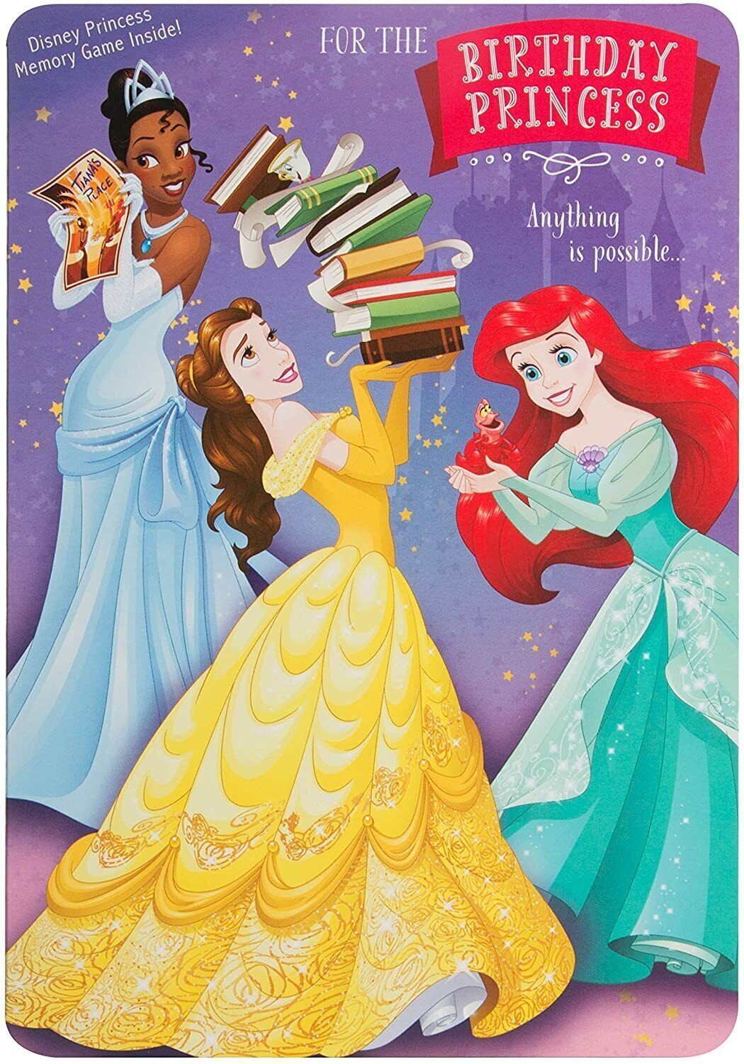 Hallmark Disney Princess birthday greeting card featuring colorful princess characters and a memory game design.