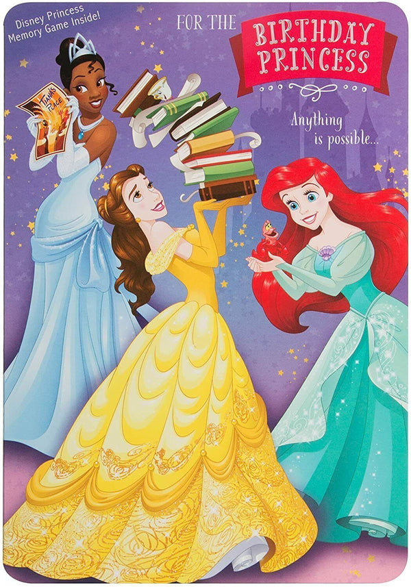 Hallmark Disney Princess birthday greeting card featuring colorful princess characters and a memory game design.