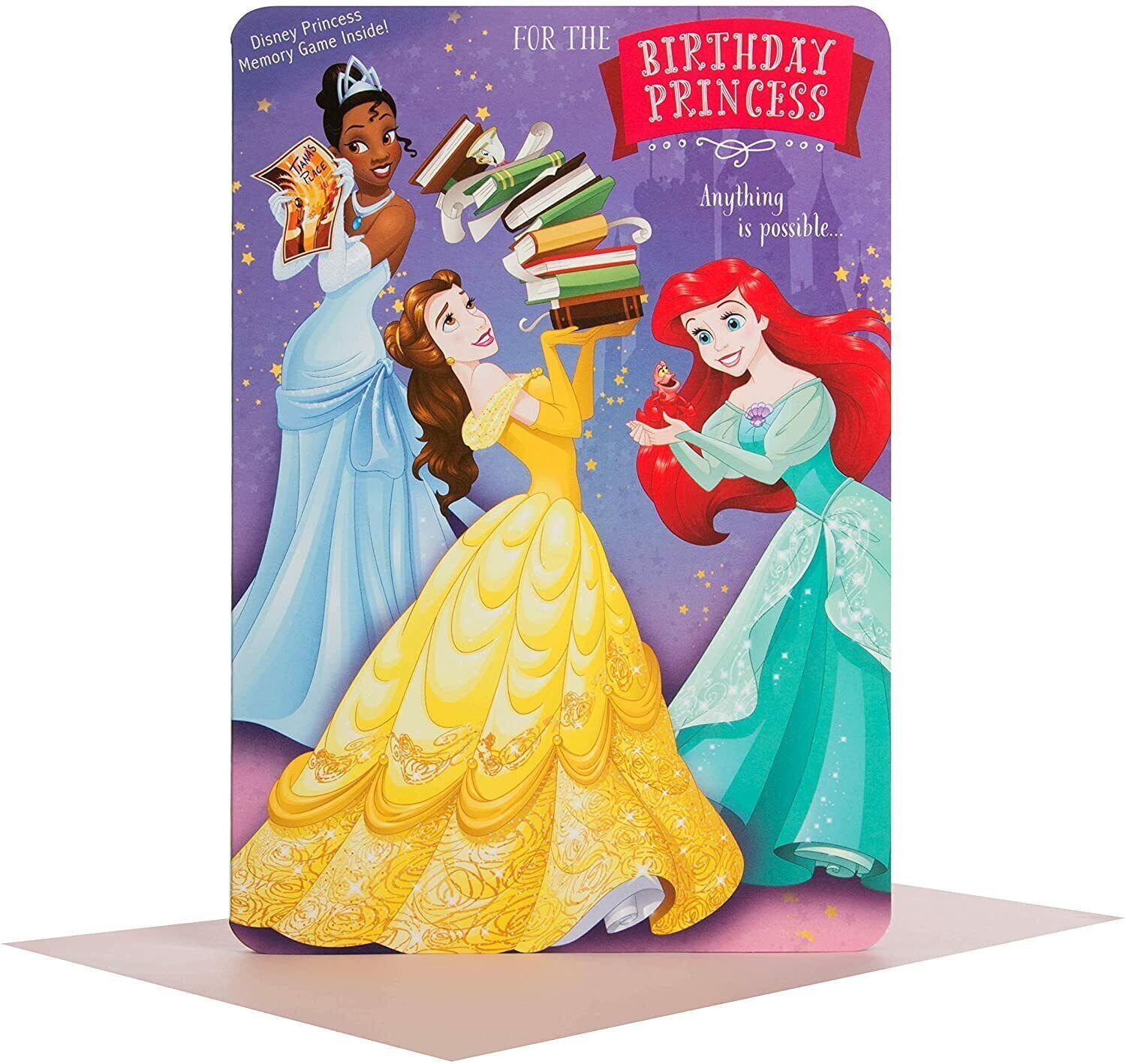 Hallmark Disney Princess birthday greeting card featuring colorful princess characters and a memory game design.
